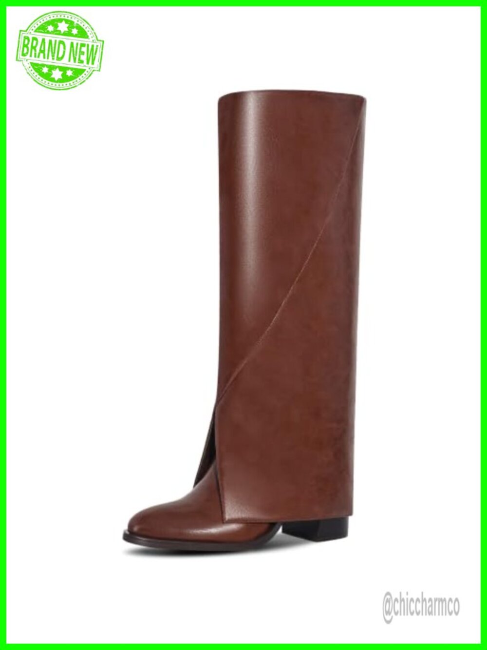 Faux Leather Knee High Fold Over Boots Pointed Toe Block Heel